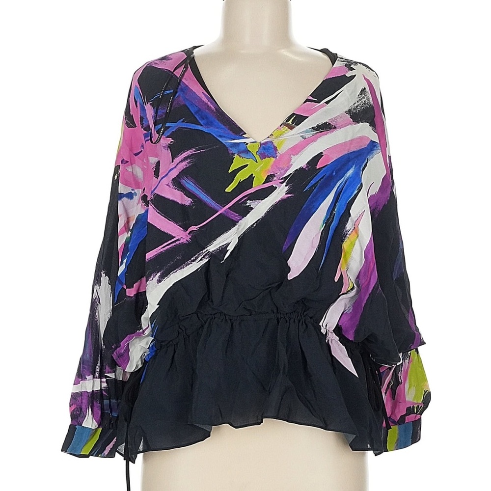 NWT  Black Abstract Brushstroke V-Neck Blouse with Pink & Blue Accents